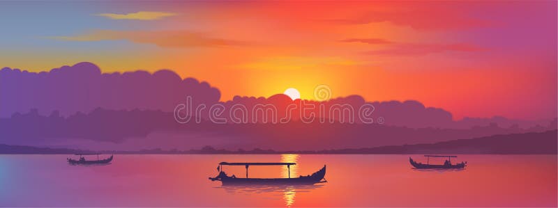 Ciel lumineux de coucher du soleil de couleurs avec la réflexion du soleil dans le lac avec les silhouettes asiatiques de bateaux illustration stock Ciel lumineux de coucher du soleil de couleurs avec la réflexion du soleil dans le lac avec les silhouettes asiatiques de bateaux illustration stock