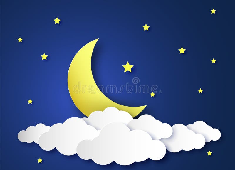 Paper night sky. Paper art origami style, clouds and crescent moon, stars midnight landscape, fantasy kids design wallpaper, vector baby lullaby dream background. Paper night sky. Paper art origami style, clouds and crescent moon, stars midnight landscape, fantasy kids design wallpaper, vector baby lullaby dream background