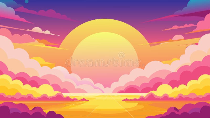 Cielo de color amarillo y gradiente rosado con nubes esponjosas de anime. fondo de vector de dibujos animados de cielo nublado con stock de ilustración