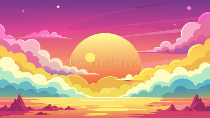 Cielo de color amarillo y gradiente rosado con nubes esponjosas de anime. fondo de vector de dibujos animados de cielo nublado con stock de ilustración