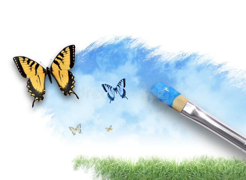 Cielo de la nube de la pintura del artista de la naturaleza con la mariposa stock de ilustración Cielo de la nube de la pintura del artista de la naturaleza con la mariposa stock de ilustración