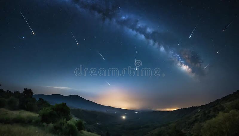Cielo nocturno sobre un paisaje montañoso que presenta la galaxia de la Vía Láctea como una banda brillante en textura a lo largo stock de ilustración