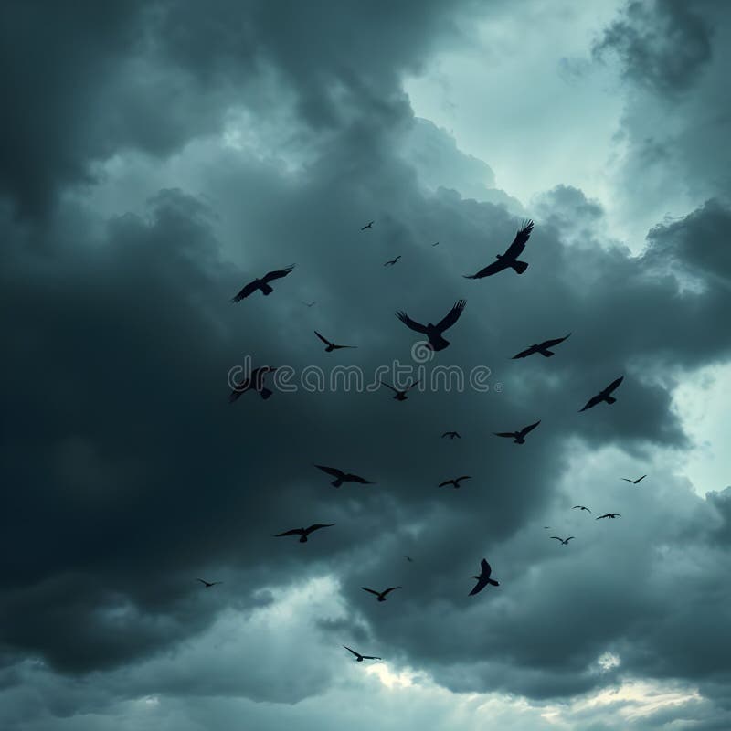 Cielo tormentoso con cuervos volando fondo de escritorio con energía de AIG imagen de archivo