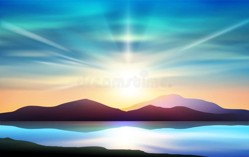 Cielo variopinto di tramonto, specchio dell'acqua, paesaggio della natura royalty illustrazione gratis Cielo variopinto di tramonto, specchio dell'acqua, paesaggio della natura royalty illustrazione gratis