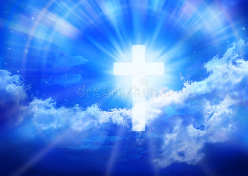 A glowing cross in the blue sky with shafts of light, clouds and stars. A glowing cross in the blue sky with shafts of light, clouds and stars