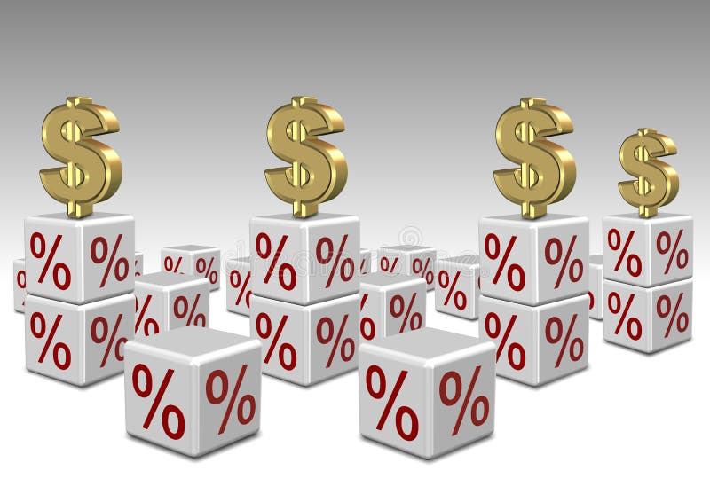 A group of white cubes with percentage symbol in them and dollar symbols on top. A group of white cubes with percentage symbol in them and dollar symbols on top