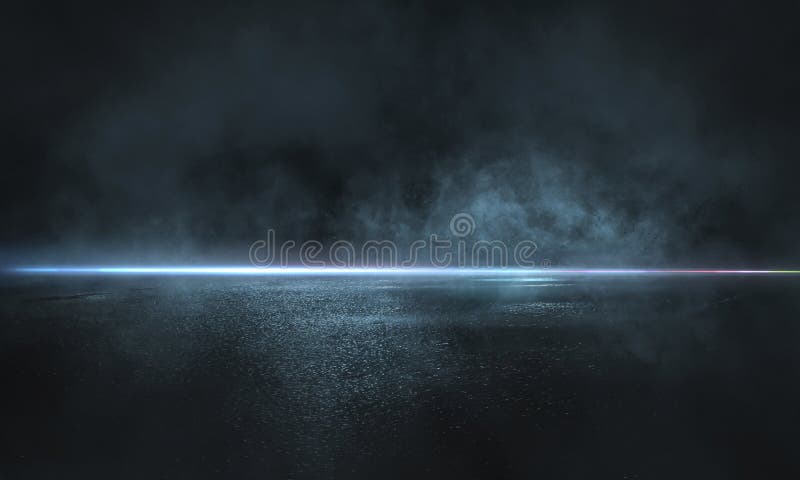 Ciemna ulica, mokry asfalt, odbicia promieni w wodzie Abstrakcyjne ciemnoniebieskie tło, dym, smol fotografia royalty free