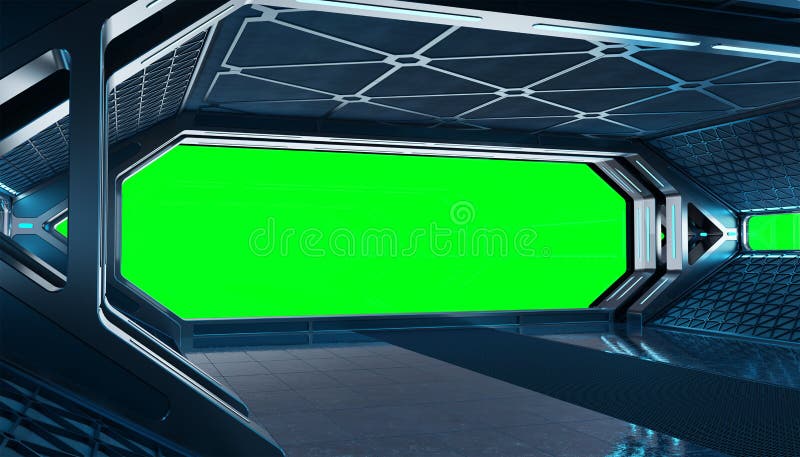 Ciemnoniebieski statek kosmiczny futurystyczny aparat wnętrza z renderowaniem okna 3d royalty ilustracja