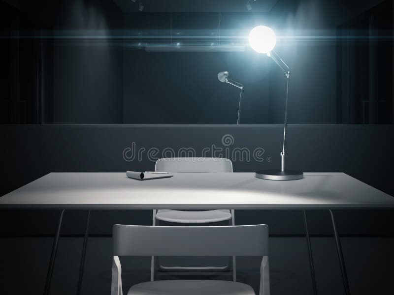 Ciemny przesłuchanie pokój na z lampą, 3d rendering zdjęcia stock