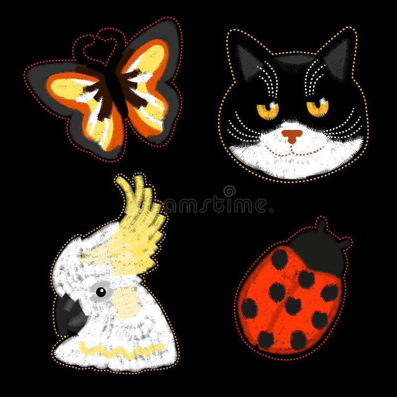 Trendy embroidery with animal: cat, ladybug, parrot and butterfly. Dark background with fashion patches collection. Trendy embroidery with animal: cat, ladybug, parrot and butterfly. Dark background with fashion patches collection.