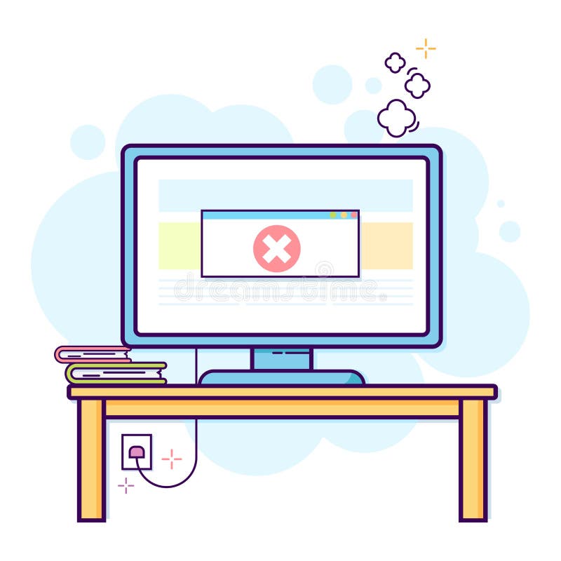 Cienki kreskowy płaski projekt nowożytny biurowy workspace z komputerem stacjonarnym z krytycznym błędem ilustracja wektor Cienki kreskowy płaski projekt nowożytny biurowy workspace z komputerem stacjonarnym z krytycznym błędem ilustracja wektor