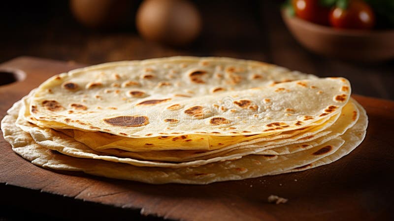 Cienki okrągły tortilla lekko tostowany. elastyczny i ciepły. plamy złotego brązu na jego powierzchni ilustracji