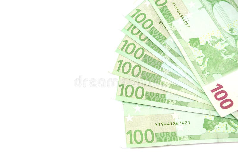 Cientos billetes de banco del euro en un fondo blanco fotografía de archivo libre de regalías Cientos billetes de banco del euro en un fondo blanco fotografía de archivo libre de regalías