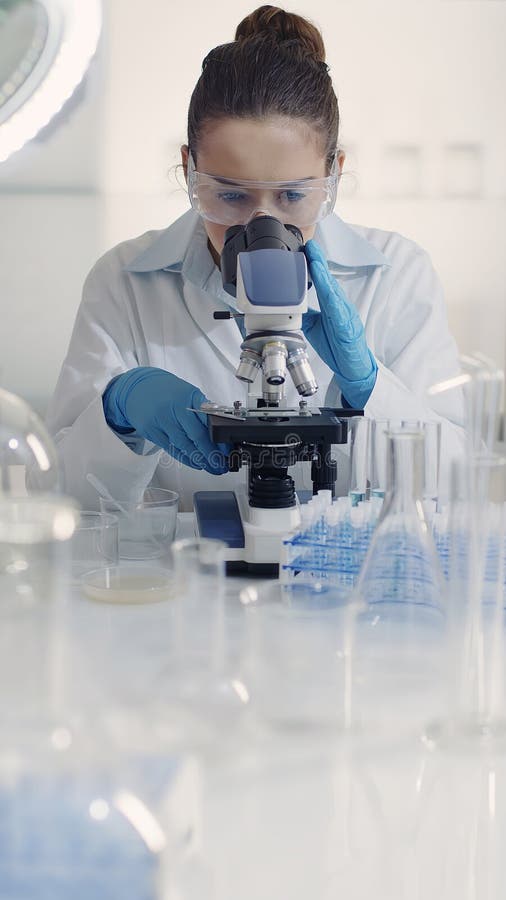 Científica trabajando con un microscopio imagenes de archivo