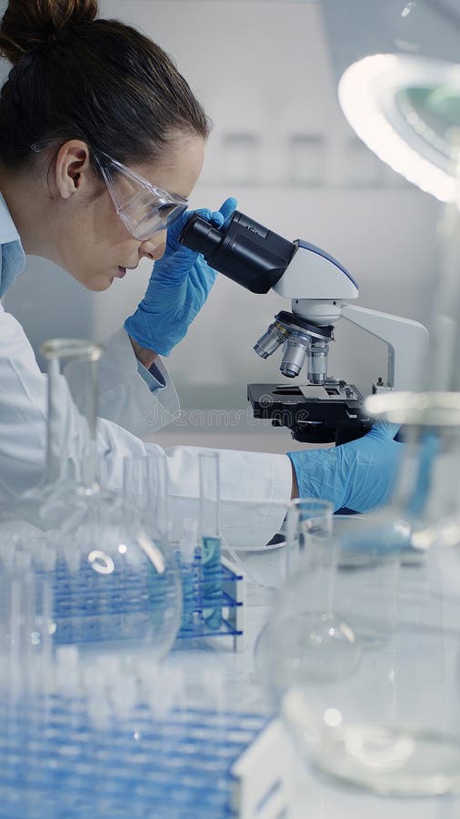 Científica usando un microscopio en el laboratorio fotografía de archivo libre de regalías