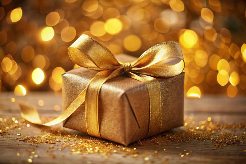 Ciepłe powitanie prezent Rustic Brown Paper Package powiązane ze złotą wstążką Idealny dla przemyślanego prezentu royalty ilustracja