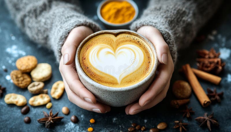 Ciepło i wygoda latte aromatyczne o skomplikowanej konstrukcji serca otoczone przyprawami i smakami ilustracja wektor