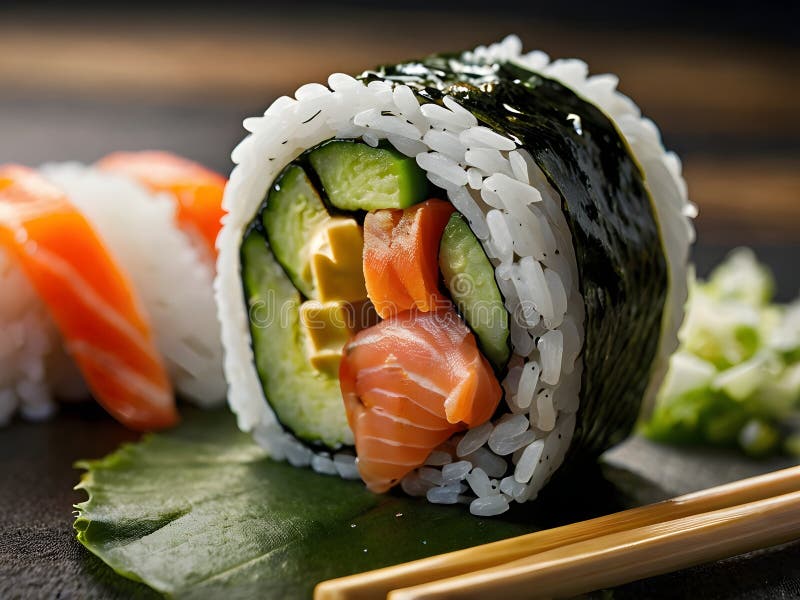 Cierre de Delicious Sushi Roll con Salmón y Aguacate stock de ilustración