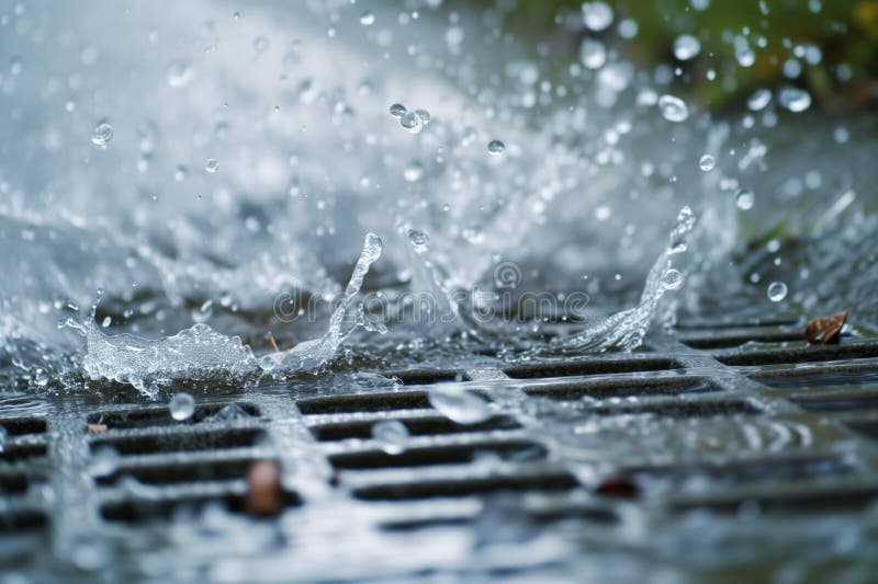 Cierre de gotas de lluvia salpicándose cerca de un drenaje de tormentas libre illustration