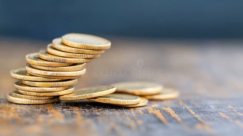 Cierre de IA generativo de monedas de oro apiladas en un concepto de negocio de superficie de mesa de madera. imagen de archivo