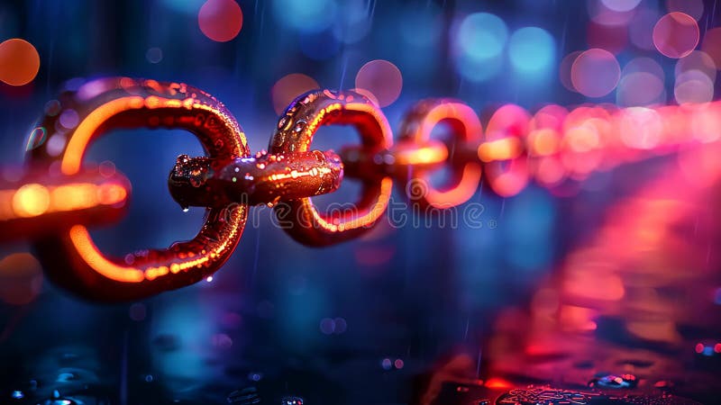 Cierre de la cadena de metal húmedo con el concepto industrial abstracto de iluminación de boquilla colorida stock de ilustración