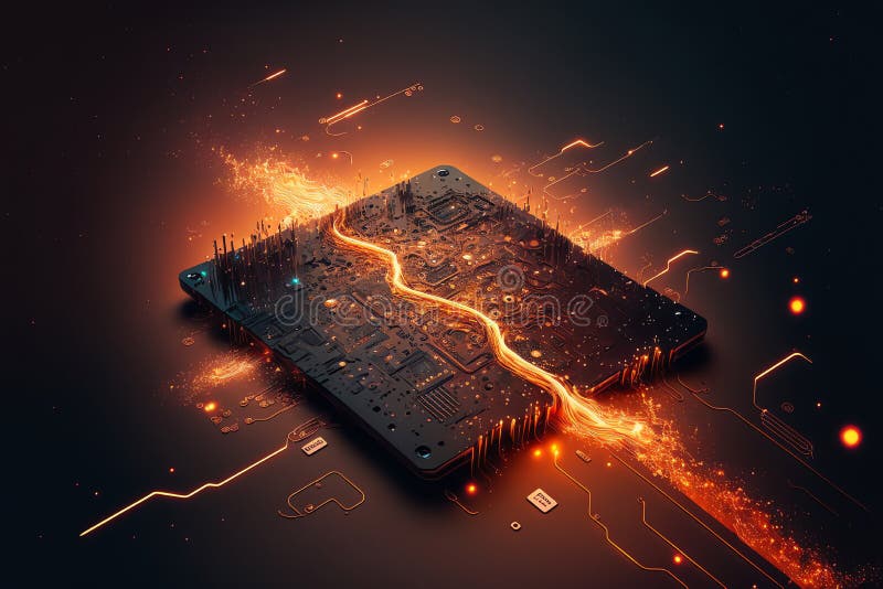 Cierre de la tarjeta de circuitos electrónicos. microchip brillante en macro. concepto de circuito futurista. arte ai generativo