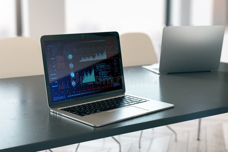 Cierre de laptops en escritorio con gráficos empresariales de interfaz digital y lenguaje de codificación. concepto de futuro y ci ilustración del vector