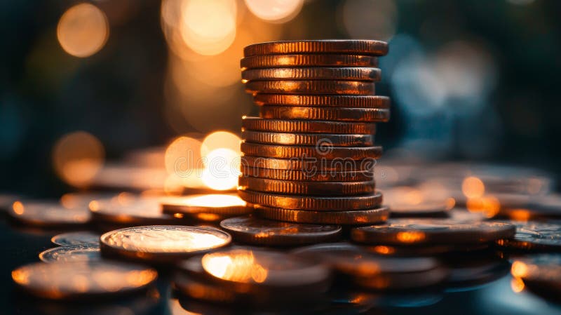 Cierre de las monedas de oro apiladas con iluminación de bokek caliente fotografía de archivo
