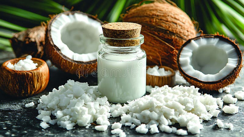 Cierre de leche de coco en un frasco de vidrio rodeado de cocos frescos y cocoteros triturados ilustración del vector