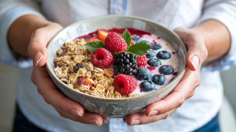 Cierre de manos con un tazón de yogur coronado con fresas de granola frambuesa, moras de arándano y rodajas de durazno libre illustration