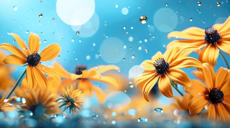 Cierre de susan de ojos negros floreciendo en un fondo de sueño azul claro. rudbeckia planta las asteraceae flores amarillas y marrones nombres comunes de coneflowersai generadas
