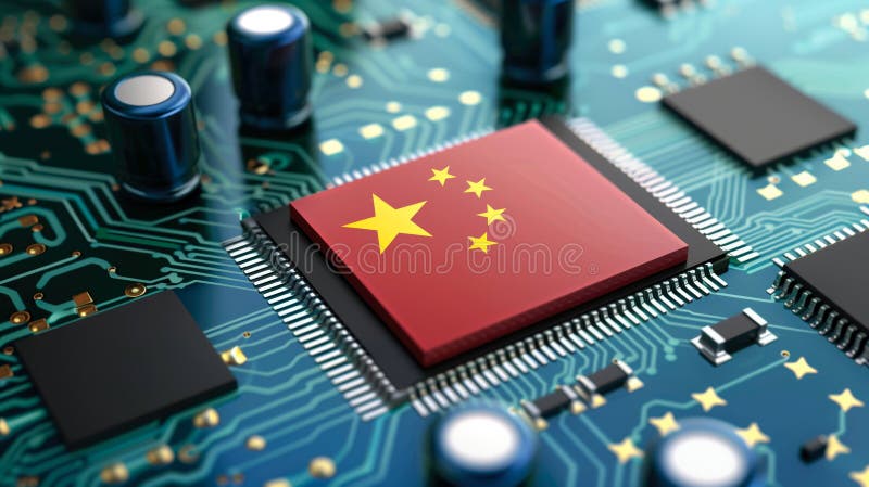Cierre de un chip de computadora con bandera china integrada en el circuito. fotos de archivo libres de regalías
