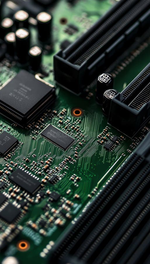 Cierre de un chip gpu de alto rendimiento en una motherboard verde que muestra la tecnología de juegos avanzada Generada por IA