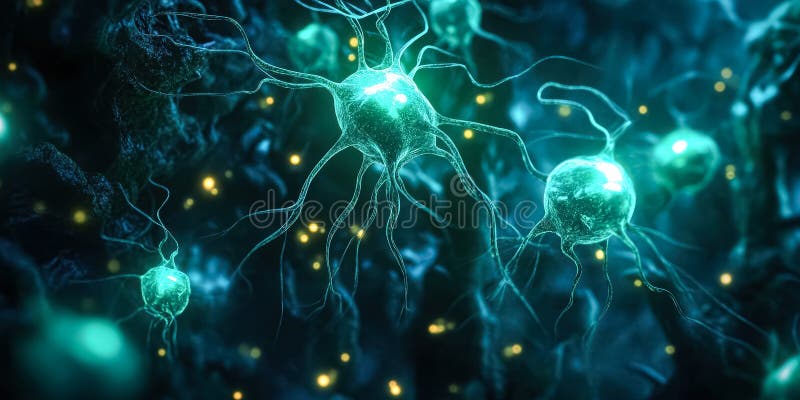 Cierre de un grupo de células cerebrales verdes y azules imagen de archivo libre de regalías