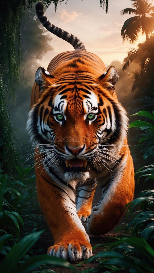 Cierre de un tigre merodeando por una densa jungla al anochecer stock de ilustración