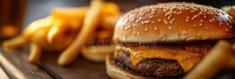 Cierre de una hamburguesa de queso clásica con patatas fritas stock de ilustración