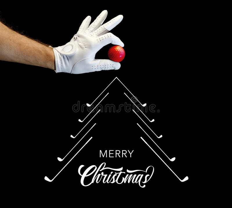 Player wearing a golf glove holding a golf ball in his fingers. Under the hand a graphic christmas tree made by golf clubs with the words merry christmas written inside. Player wearing a golf glove holding a golf ball in his fingers. Under the hand a graphic christmas tree made by golf clubs with the words merry christmas written inside