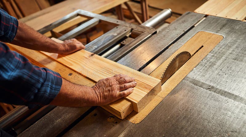 Mesa de corte de madera con sierra circular eléctrica carpintero  profesional en tablero de madera de corte uniforme en la fabricación de  carpintería de aserradero máquina de aserrar