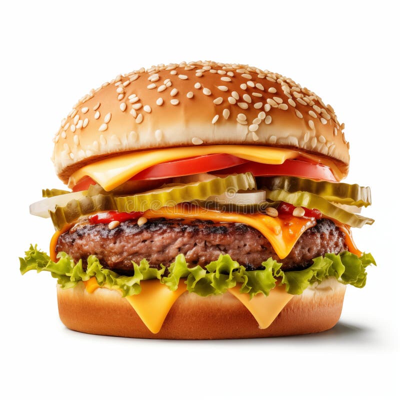Cierre del cheeseburger clásico con ingredientes frescos sobre fondo blanco stock de ilustración