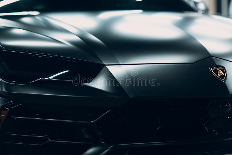 Lamborghini Urus black color sports car close up. Lamborghini Urus black color sports car close up