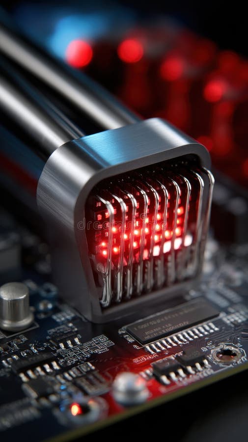 Cierre en un moderno componente de placa base para computadora que muestre la tecnología del sistema de refrigeración y la integra fotos de archivo libres de regalías