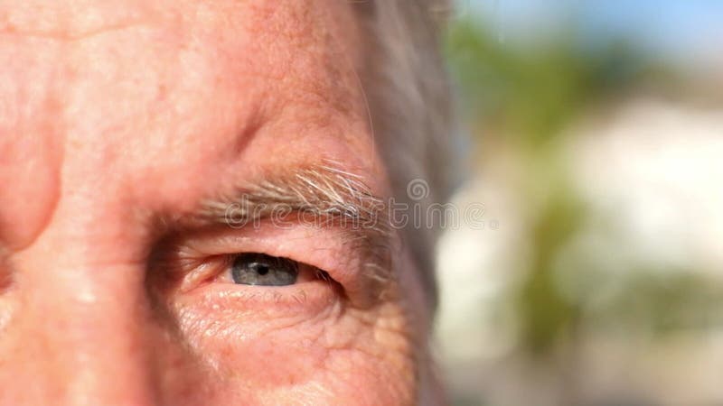 Cierre y retrato de un anciano maduro abriendo sus hermosos ojos azules mirando la cámara - estilo de vida de los adultos mayores metrajes