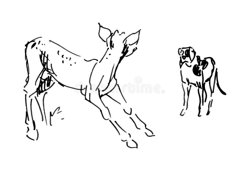 Ciervos del bebé y pequeño perro stock de ilustración Ciervos del bebé y pequeño perro stock de ilustración