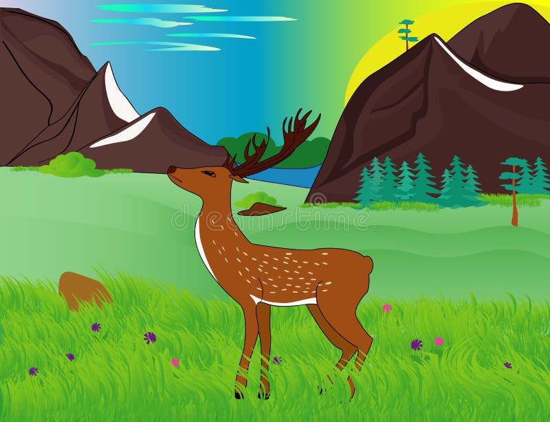 Ciervos entre prados verdes en las montañas ilustración del vector Ciervos entre prados verdes en las montañas ilustración del vector