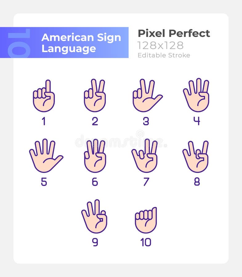 Cifre în pixelul limbajului semnelor americane set perfect de pictograme color RGB. ilustrații vectoriale izolate. colecție de desene cu linii umplute simple. contur editabil. fonturi ușoare aldine montserrat utilizate