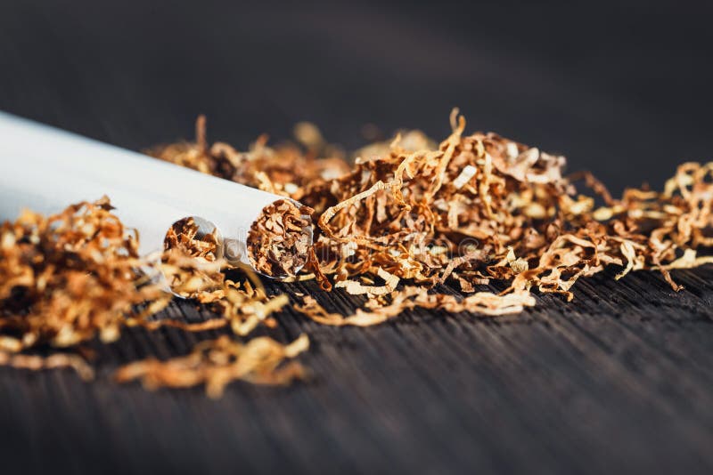 Homemade cigarettes and tobacco on the brown wooden table, close up with copy space. Homemade cigarettes and tobacco on the brown wooden table, close up with copy space