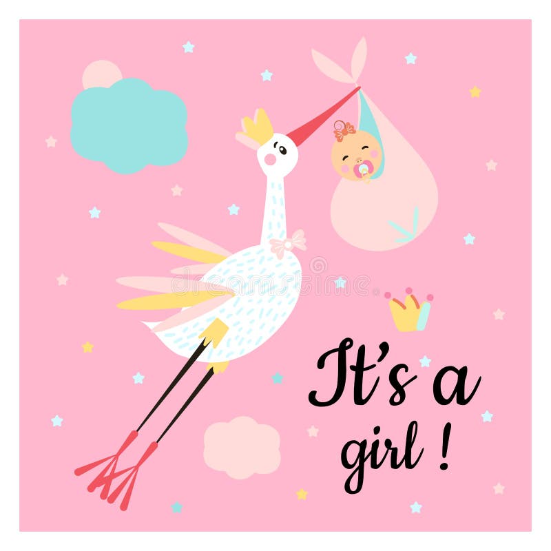 Cigüeña y muchacha divertidas lindas con diversos elementos infantiles ilustración del vector Cigüeña y muchacha divertidas lindas con diversos elementos infantiles ilustración del vector