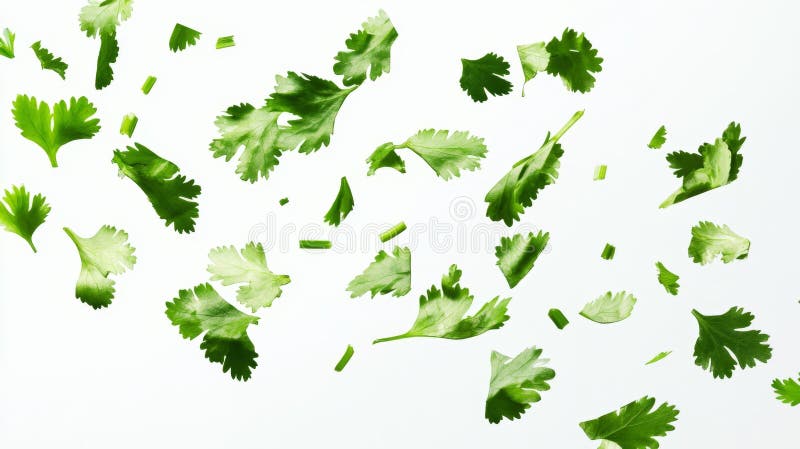 Cilantro-blad isolerade på vit bakgrundsgenerativ ai. Färska, gröna cilanoriblad spridda över en vit bakgrund. perfekt för att lägga till en smak till färgen. Bilden fungerar bra i kulinariska och hälsorelaterade sammanhang.