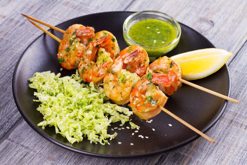 Cilantro Grilled Shrimps on Skewers Stock Photo - Image of dish, kabob ...