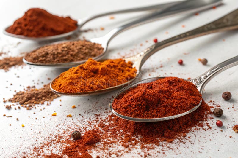 Cili in polvere vibranti per cucchiai colorati riempiti di spezie aromatiche isolate in bianco per l'ispirazione culinaria illustrazione di stock
